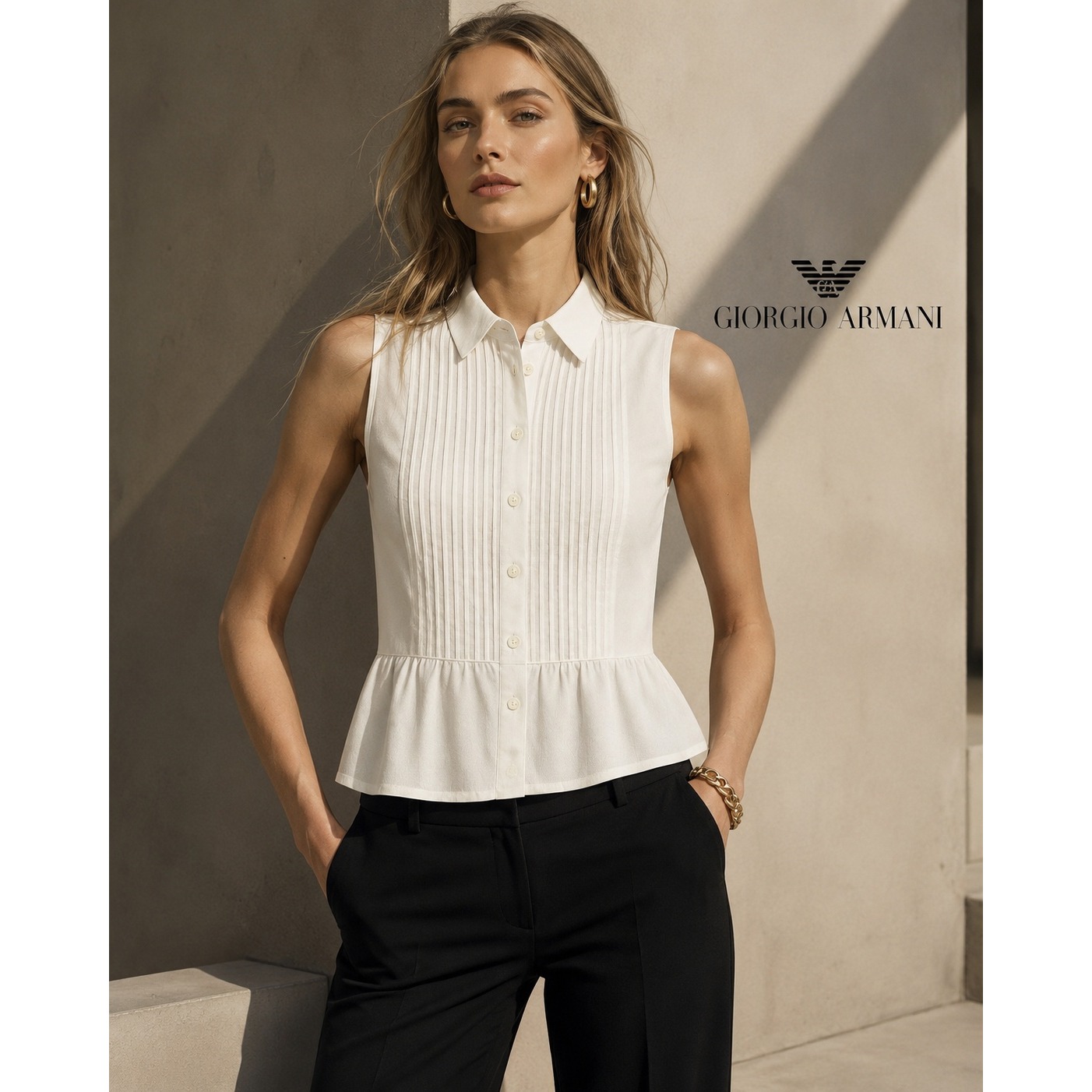 Armani Collezioni Cream Pintuck Peplum Button Up Sleeveless Blouse